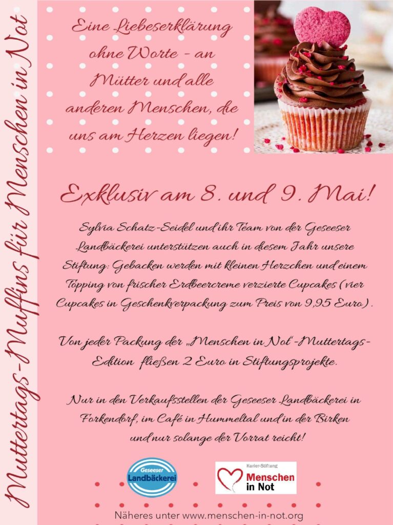 Pink fundraising flyer for Mother's Day (Mensch in Not) featuring a cupcake image, decorative polka dots, and logos at the bottom; includes donation and event details in German.
